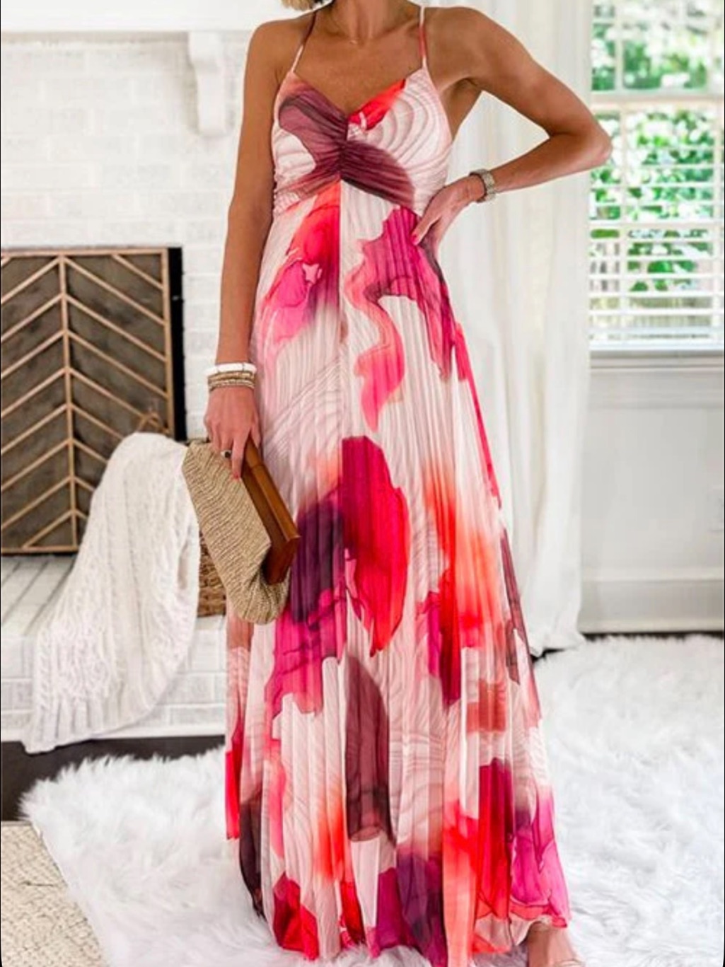 Watercolor Pleated Maxi Dress - Pink & Red